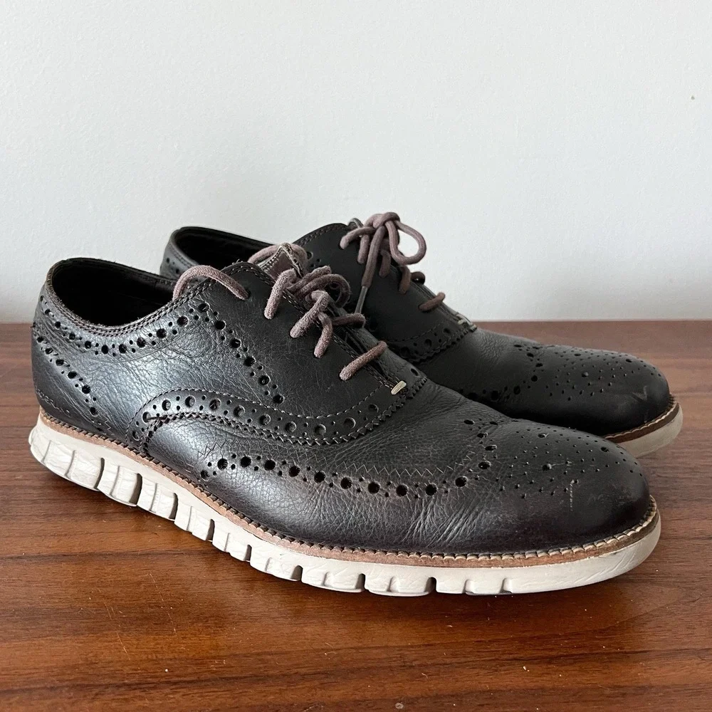 Cole Haan Zerogrand Dark Brown Full Brogue Wingtip Oxford Shoes Mens Size 10.5